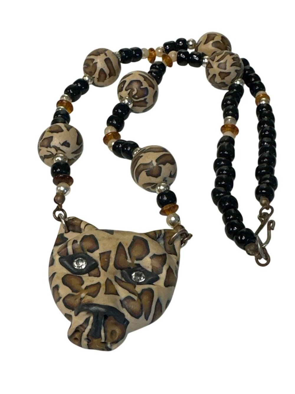 Leopard Face Beaded Necklace Animal Print & Rhinestone Accents Handmade 21"